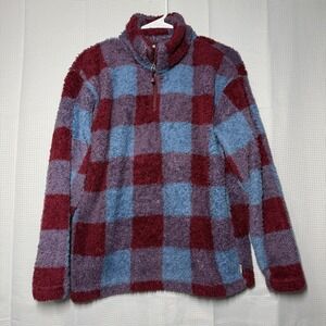 Eddie Bauer Fleece Pullover Medium Burgundy Blue Plaid Quarter Zip Sherpa